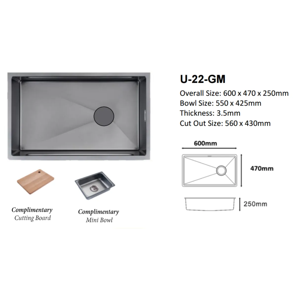 Nobel U-22-GM Lava Stainless Steel Sink - view 2
